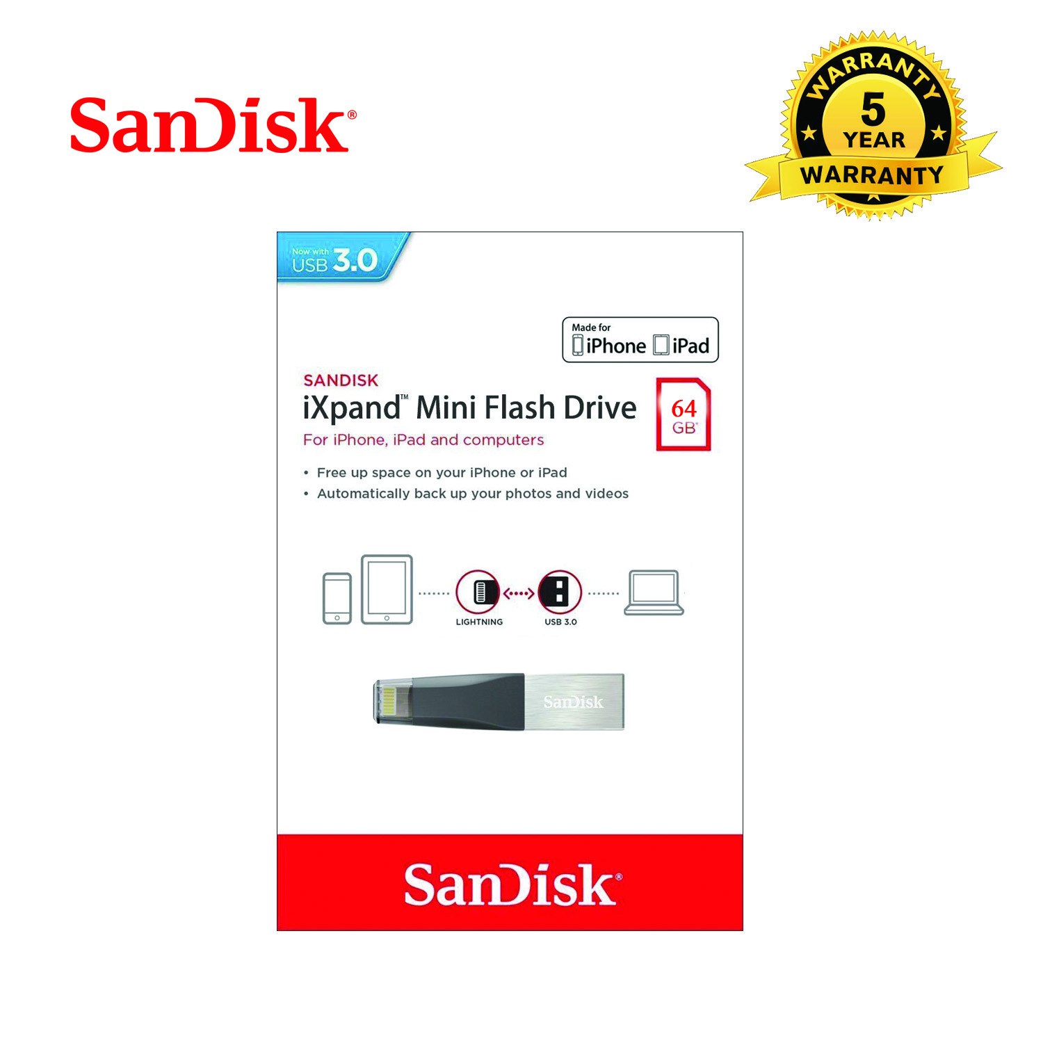 Pendrive 64GB SanDisk iXpand Mini para iPhone y iPad, Conector Lightning™ y  USB 3.0